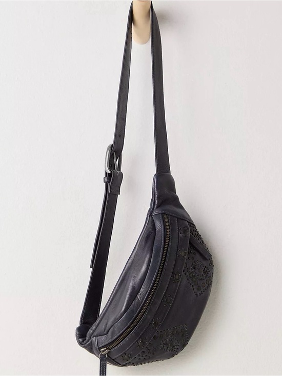 Free People Handbags - Free People Black Studded Leather Crossbody Belt Bag